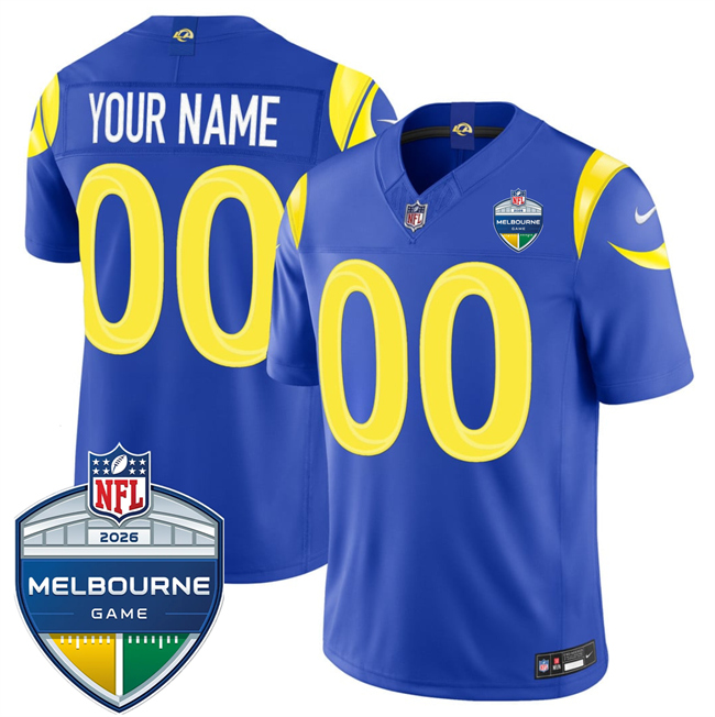 Men's Royal Los Angeles Rams Active Player Custom 2026 F.U.S.E. Melbourne Game Patch Vapor Limited Stitched Football Jersey